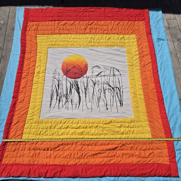 Tamarack Vintage Print Upcycled MCM Blanket Quilt Red Yellow Handmade Bright Art - Picture 5 of 9